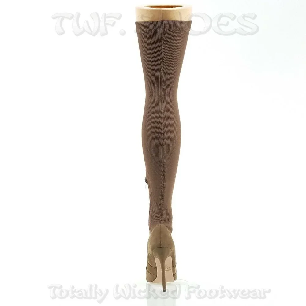 Brand New Chase Taupe Knit / Faux Suede Stretch OTK High Heel Thigh Boots